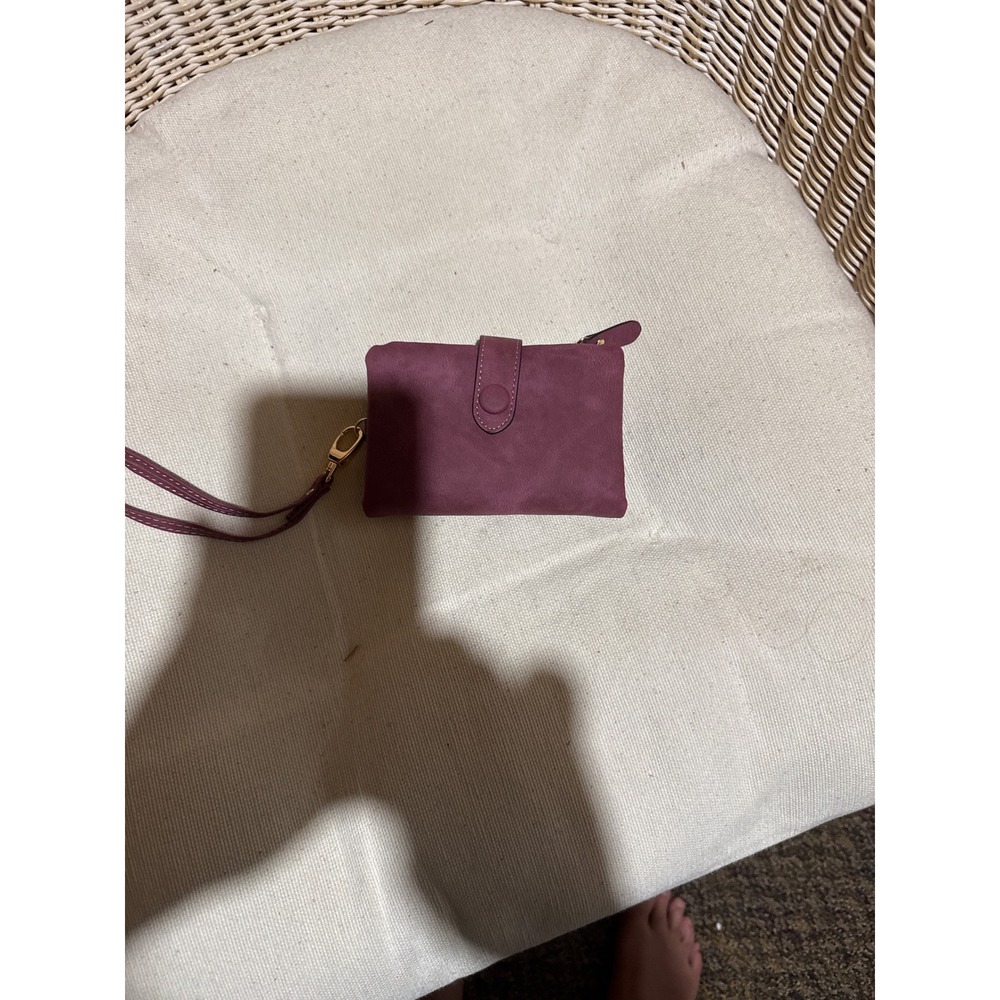 RFID Burgundy Faux Suede Bifold Wristlet Wallet with ID Window and Zip Pocket